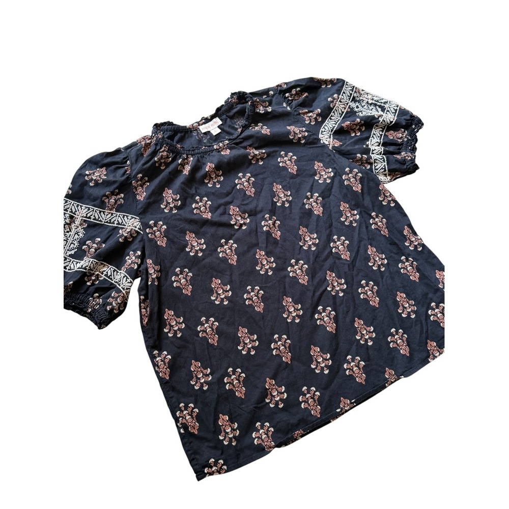 Knox Rose Black Boho Blouse M  Floral Embroidered Puff Sleeve Cottagecore